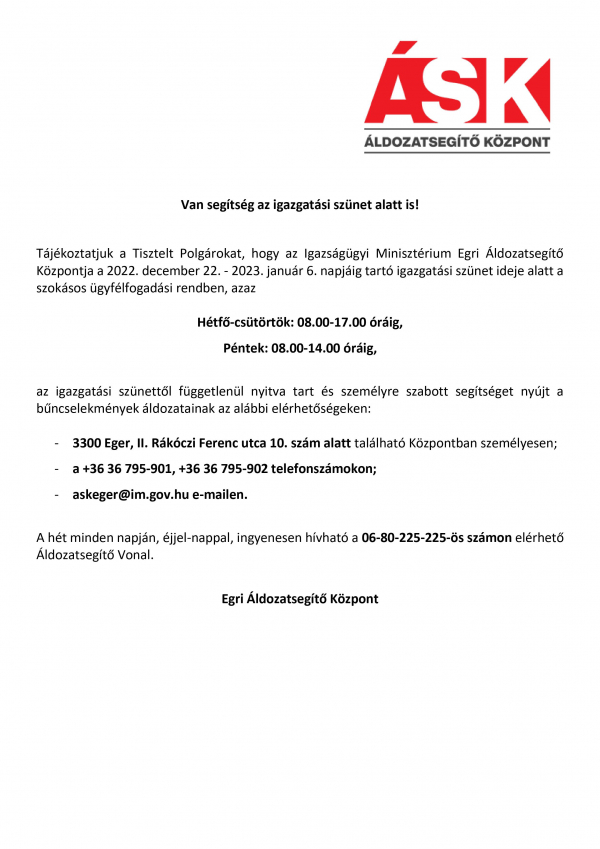 Tájékoztatás igazgatási szünetről - Egri Áldozatsegítő Központ