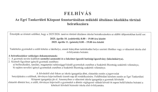 Tájékoztató tankötelessé váló gyermekek iskolába történő beiratkozásáról
