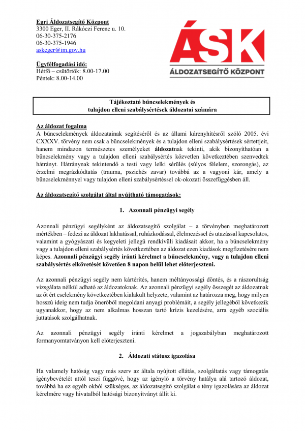 Tájékoztatás áldozatsegítésről